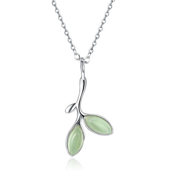 Plated Platinum Jewelry Green Leaves Synthetic Opal Sterling Silver Pendant Necklace